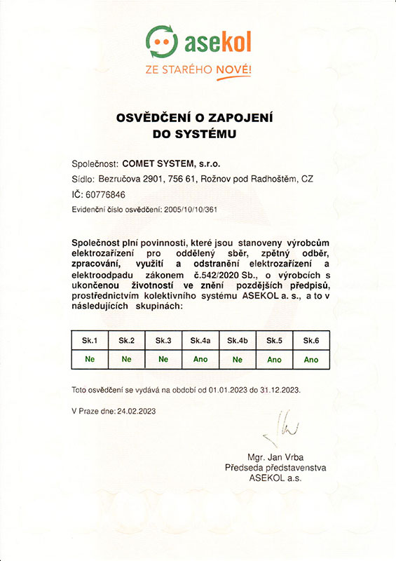 Osvědčení o zapojení do systému Asekol