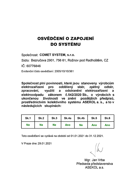 Osvědčení o zapojení do systému Asekol